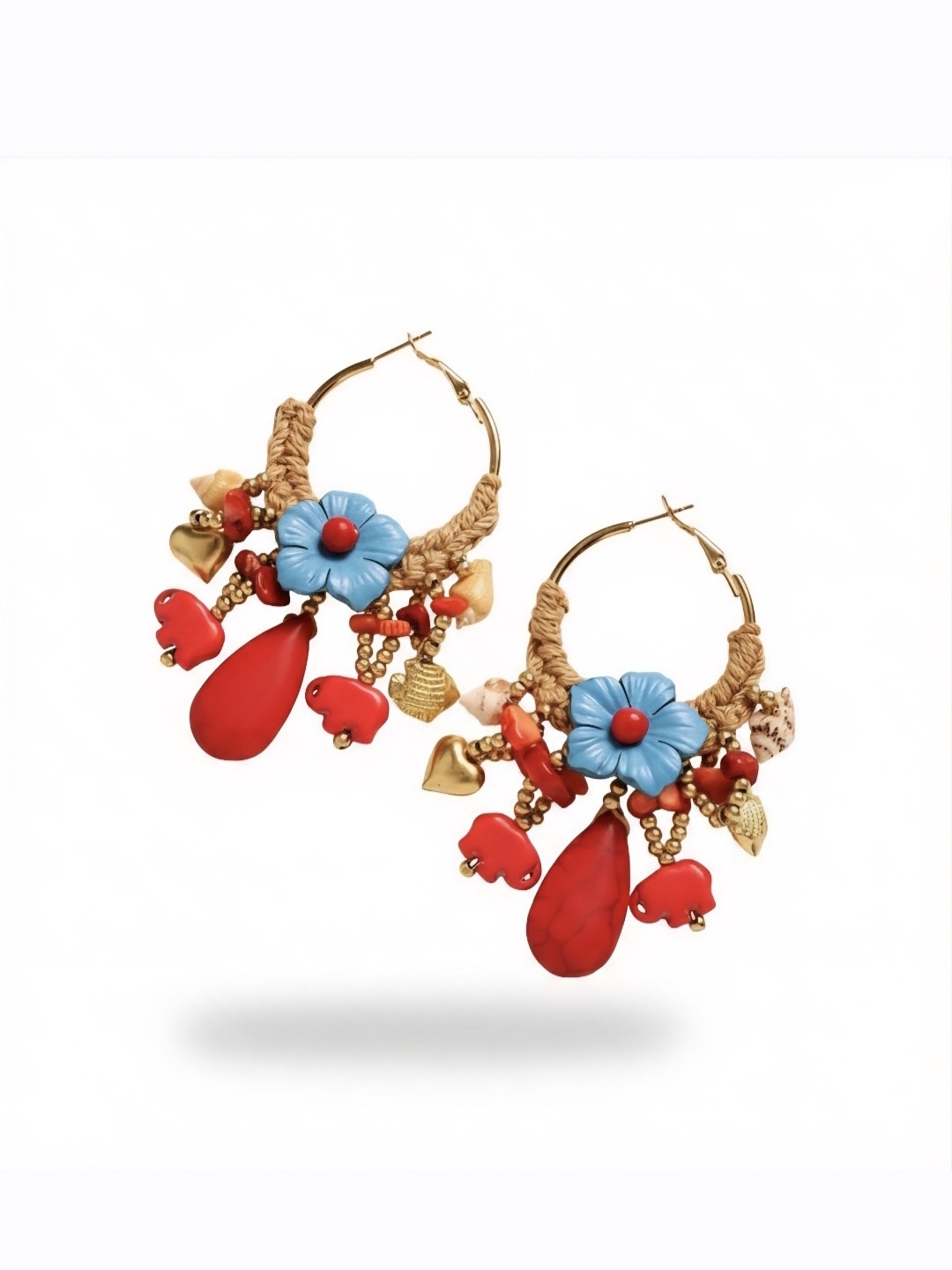 Boho Floral Red & Blue Flower- Teardrop Hoop Earrings